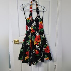 Vintage Black Tropical Floral Fit & Flare Halter Dress
